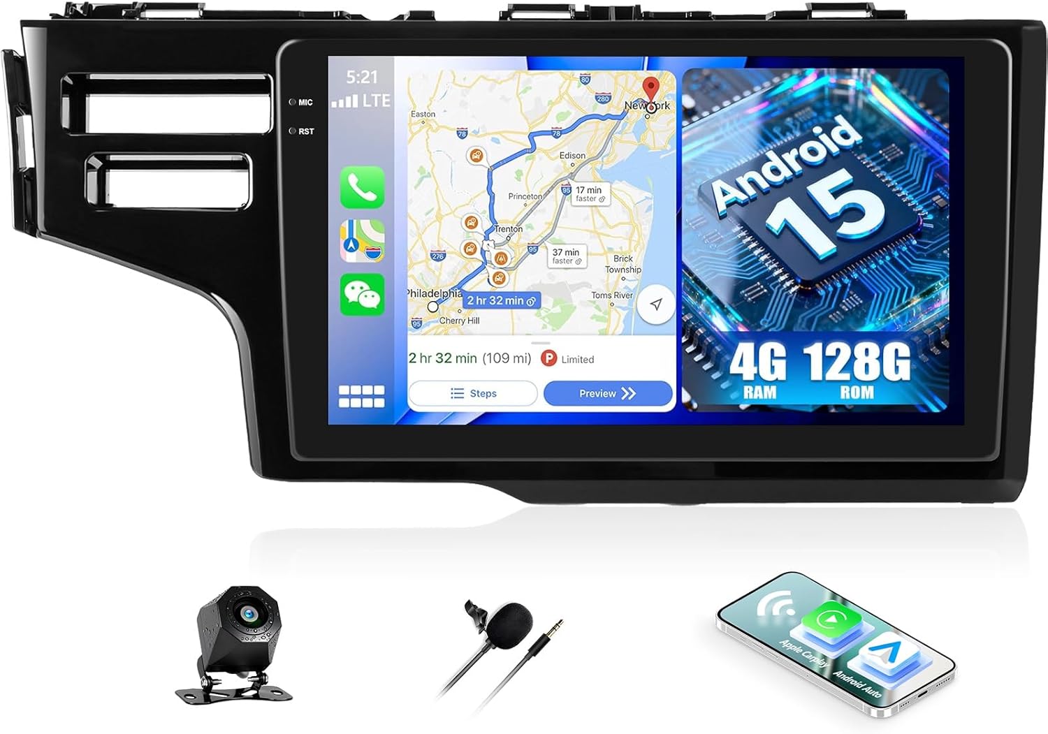 SIXWIN 4G+128G Andriod Car Radio for Honda Fit 2014-2018 with CarPlay Android Auto 9 Inch Incell Touch Screen with GPS Navigation WiFi Backup Camera Mic