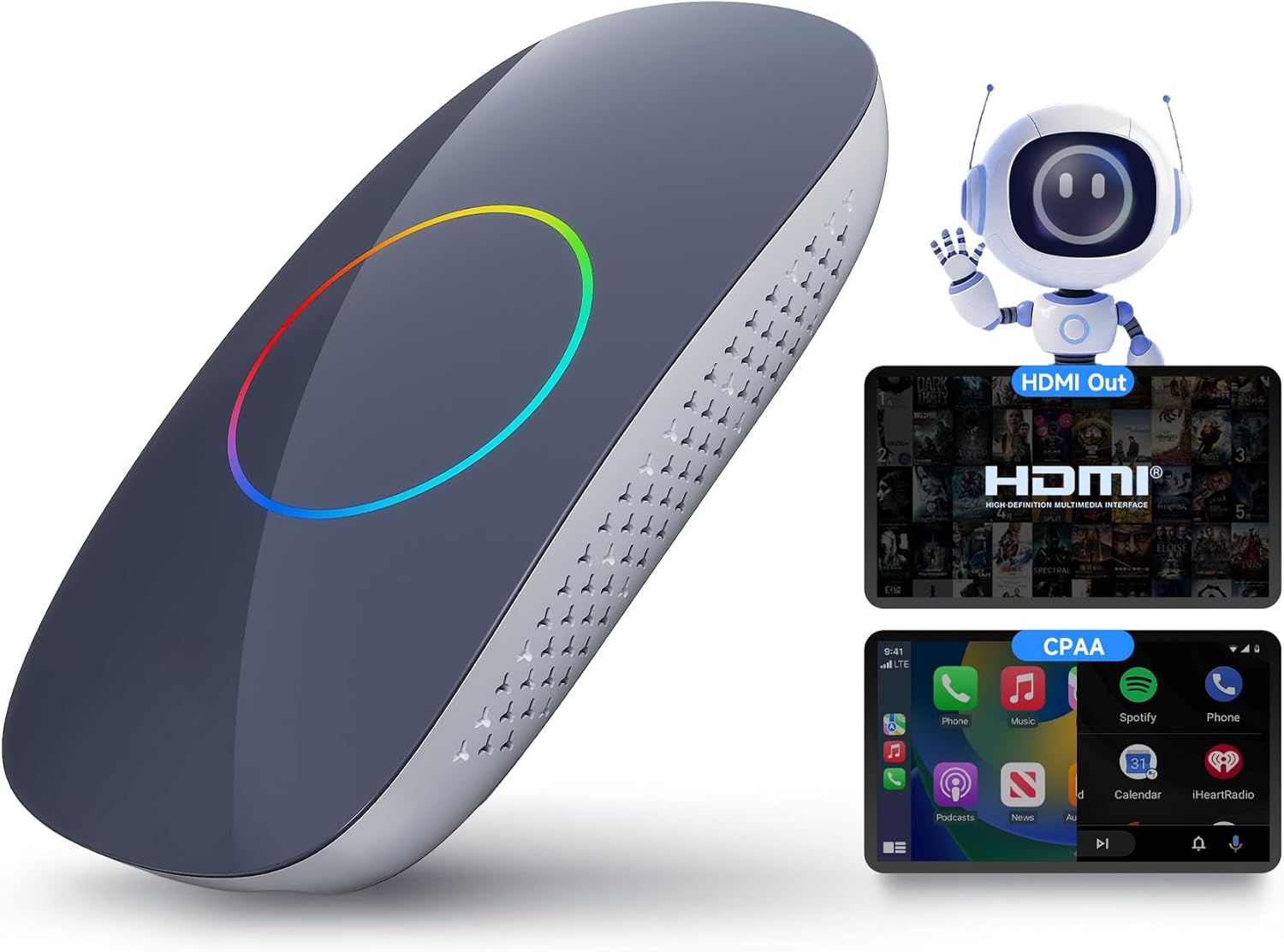 Magic Box - AI Box CarPlay & Android Auto Wireless, 2GB+16GB Support YouTube, Netflix, Prime Video, Disney+, Spotify w/HDMI Output, Dual Wi-Fi & BT (5.4 & 4.2), USB Playback, AI-Powered, OTA