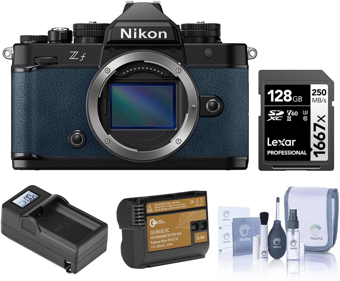 Nikon Z f Mirrorless Camera, Blue, Bundle with 128GB Memory Card, EN-EL15c Battery, Smart Charger Plate, Charger Base, Cleaning Kit