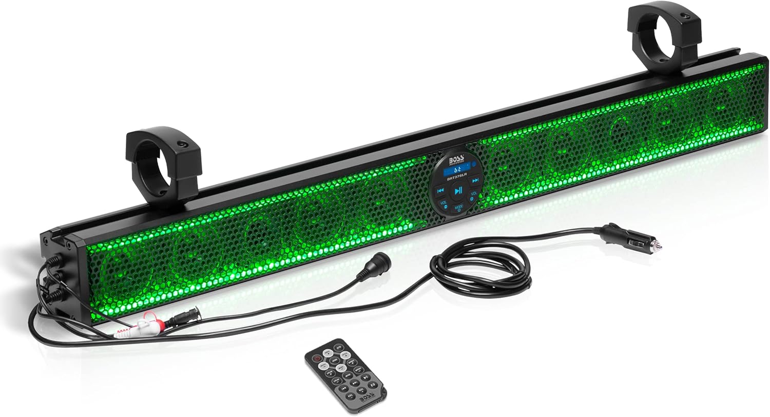 BOSS Audio Systems BRT37SLR ATV UTV Sound Bar - 37 Inches Wide, 3 inch Speakers, 1 Inch Tweeters, Full Range, IPX5 Weatherproof, Bluetooth, Built-in Amp, Multicolor Illumination, Golf Cart Compatible