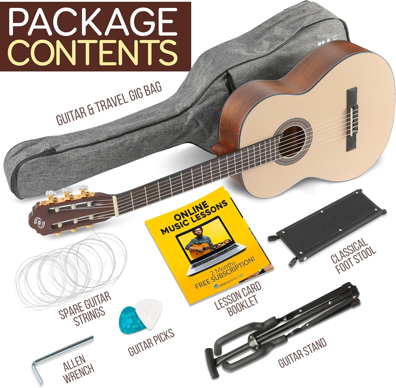 Pyle Premium Solid Spruce Top Classical Acoustic Guitar Kit, 4/4 Full Size Classic All Wood Handcrafted Instrument with Gig Bag, Picks, Stand and Foot Stool, 39