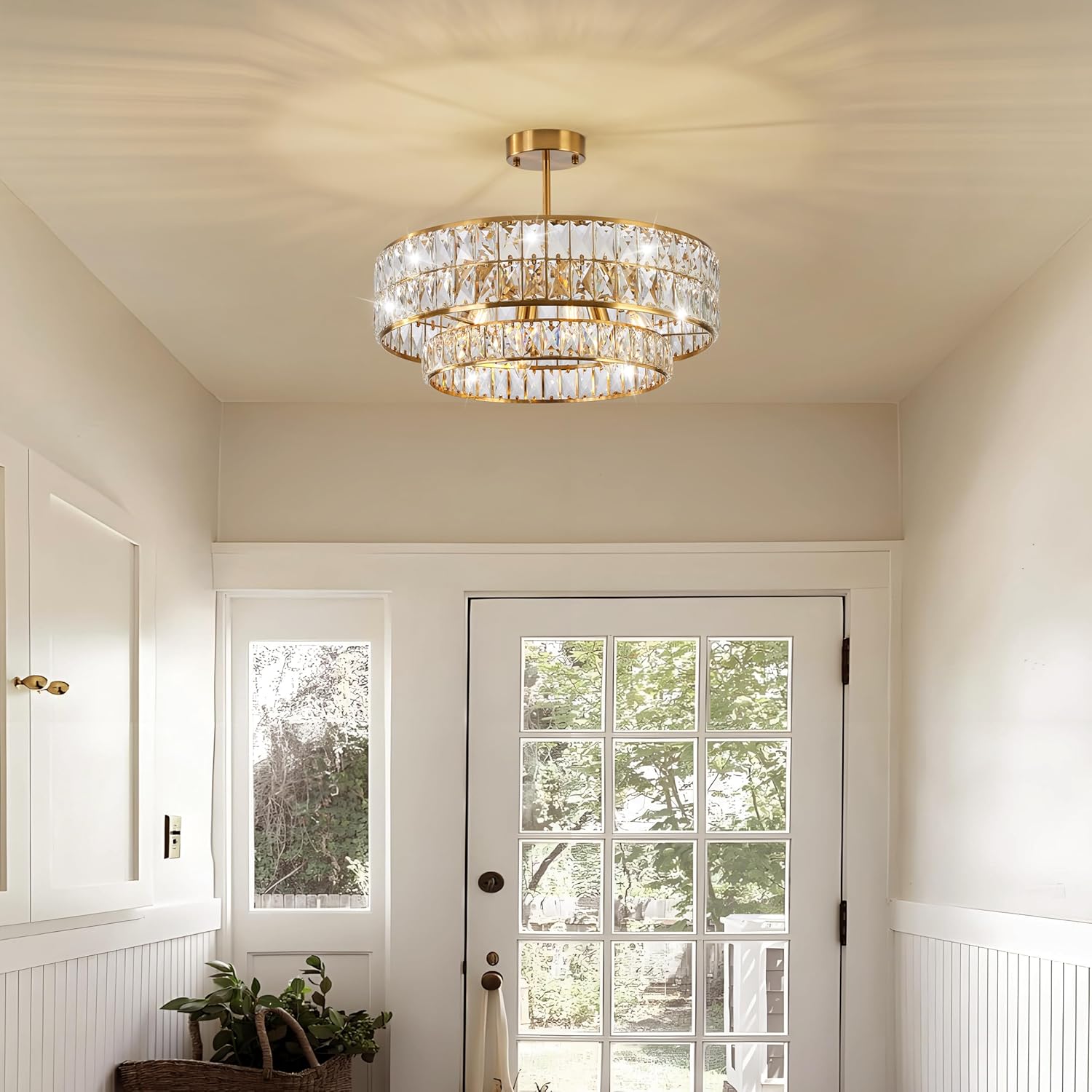 20 Inch Contemporary Luxury Crystal Chandelier, 6-Light Gold Semi-Flush Mount Ceiling Fixture, Round Crystal Pendant Design Perfect for Living Room, Dining Room, Kitchen, Foyer & Bedroom
