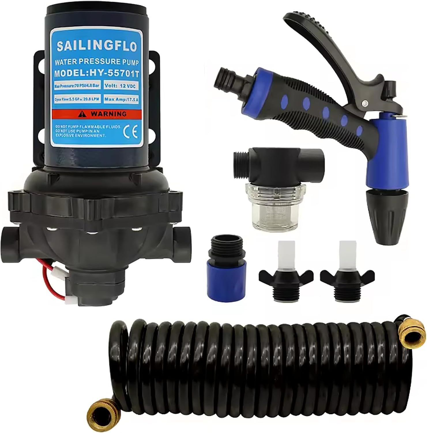 Washdown Kit Deck Wash Pump - 5.5 GPM, 70 PSI, 12V, Self-priming 5 Chamber Diaphragm Water Pressure Pump with 1/2 Inch FNPT Ports for Marine, RV, Boat, Yacht, Car, Mini Motor