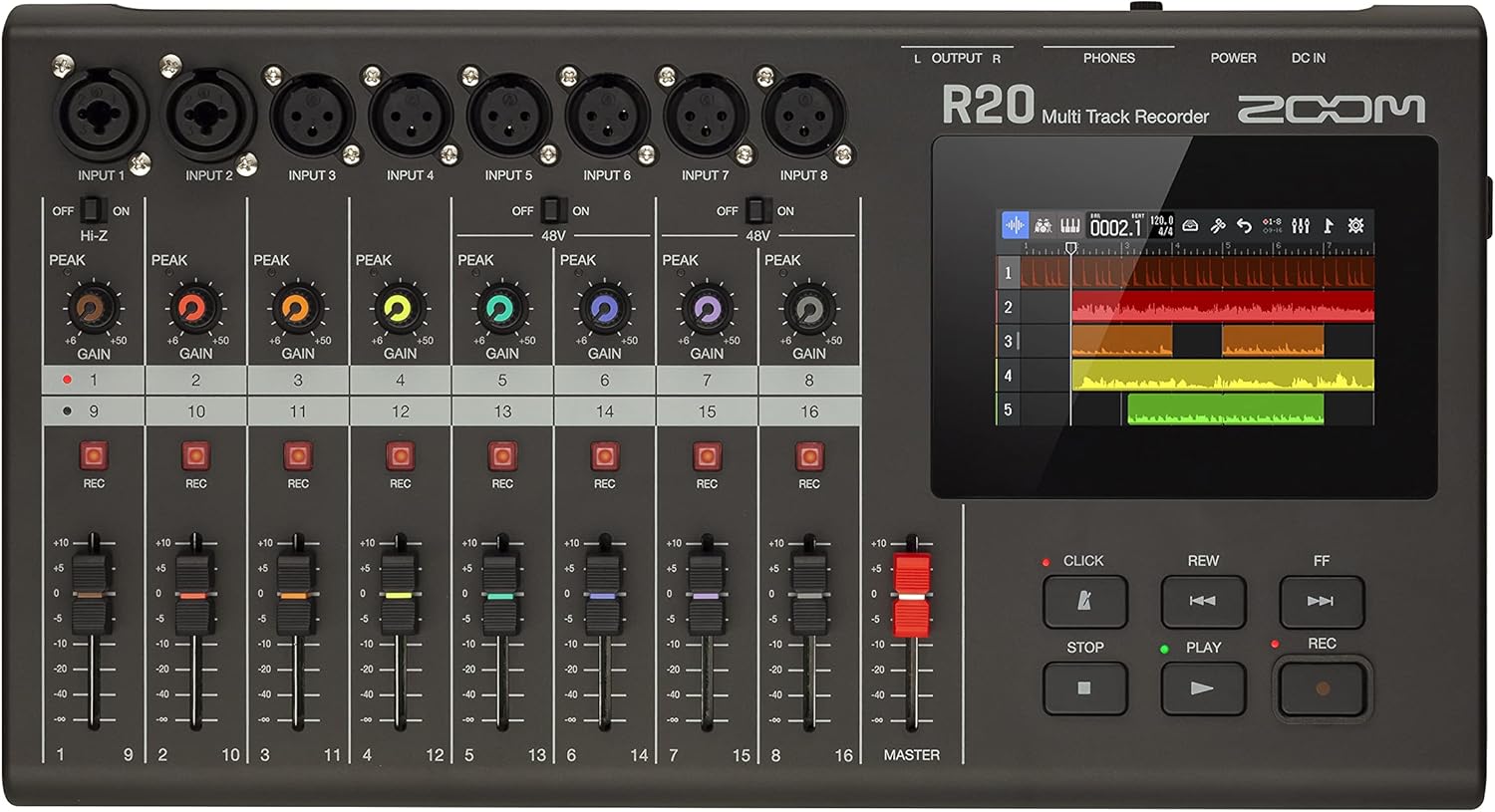 Zoom R20 Multi Track Tabletop Recorder, with Touchscreen, Onboard Editing, 16 Tracks, 6 XLR Inputs, 2 Combo Inputs, Effects, Synth, Drum Loops, and USB Audio Interface.