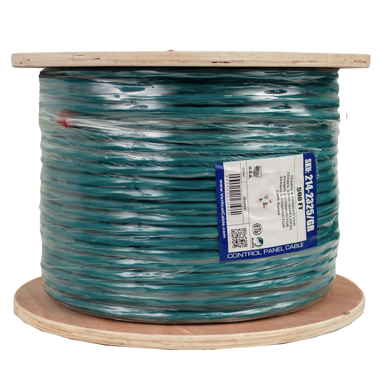 Vertical Cable Access Control Cable Riser: 22 AWG/3 Pair Shielded + 18AWG/4 Conductor + 22 AWG/4 Conductor + 22AWG/2 Conductor, Stranded Bare Copper Conductors, Green, 500ft Spool