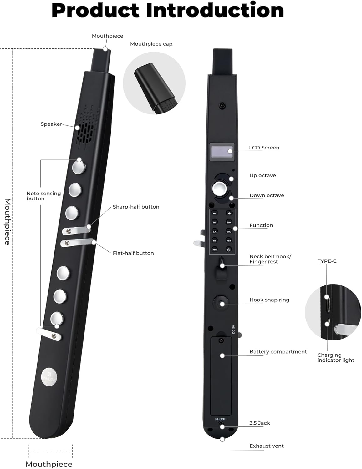 Vangoa MAE-02 MIDI EWI Electronic Wind Instrument with 3 Fingerings 35 Tones 7 Functions Professional Portable Digital Wind Instrument Synthesizer Rechargeable for Beginners Adults Teens, Black