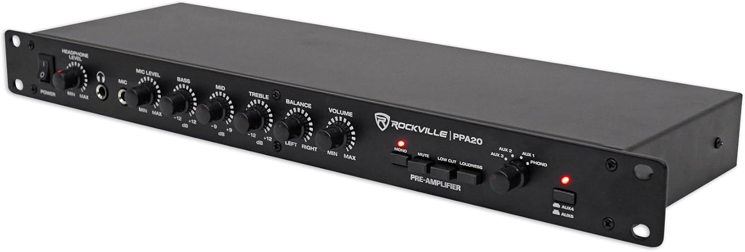Rockville PPA20 Preamp 11V 1U Rack Mount Professional Pre-Amplifier, Phono Input, XLR Outputs, 3-Band EQ, for Home Audio and Studio Recording
