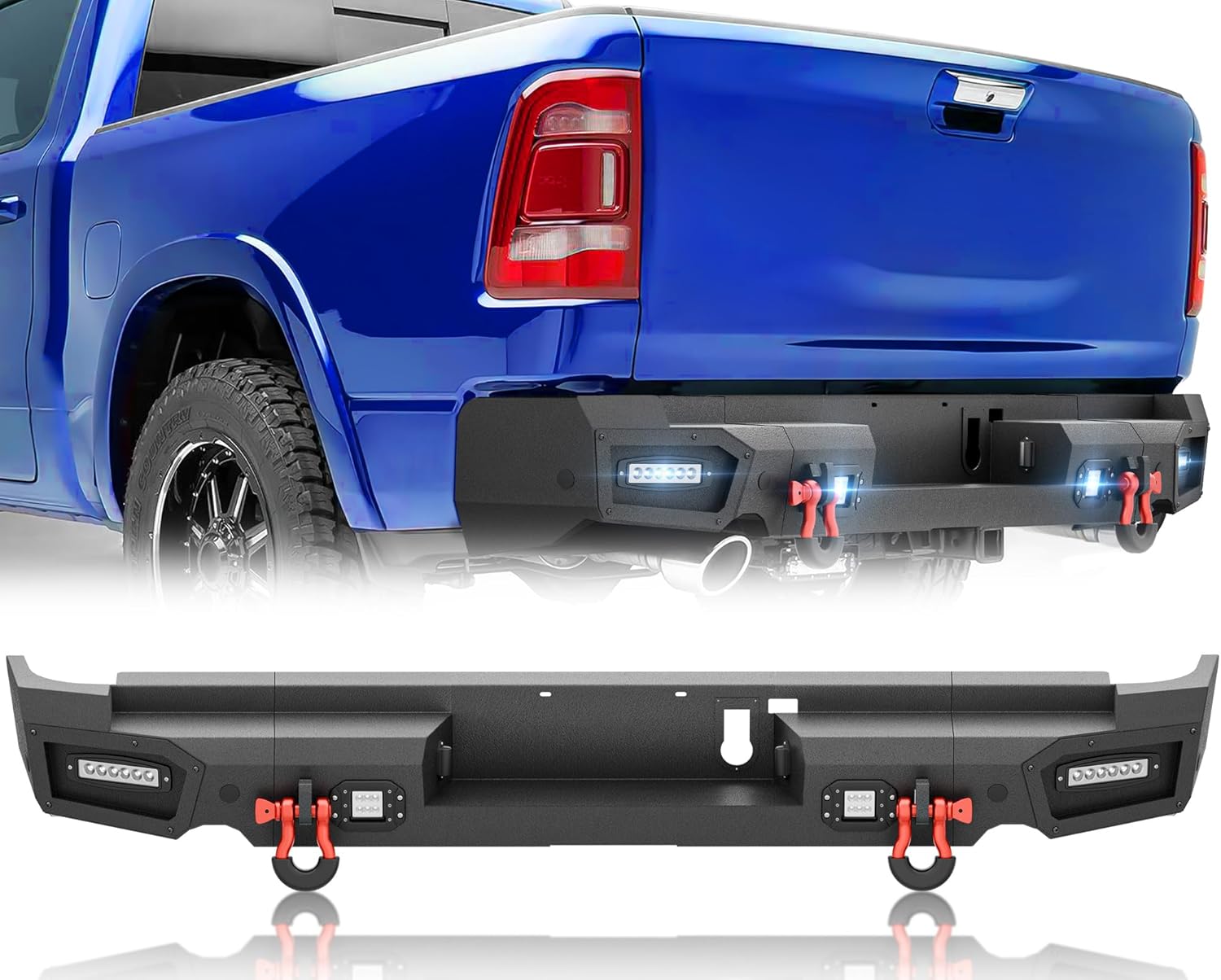 Rear Pickup Truck Step Bumper Compatible with 2019-2025 Dodge Ram 1500 with Paintable Armor, Sensor Holes, 4 x 18W LED Lights, License Plate Lights & D-rings, Black (Excluding Ram 1500 Classic)