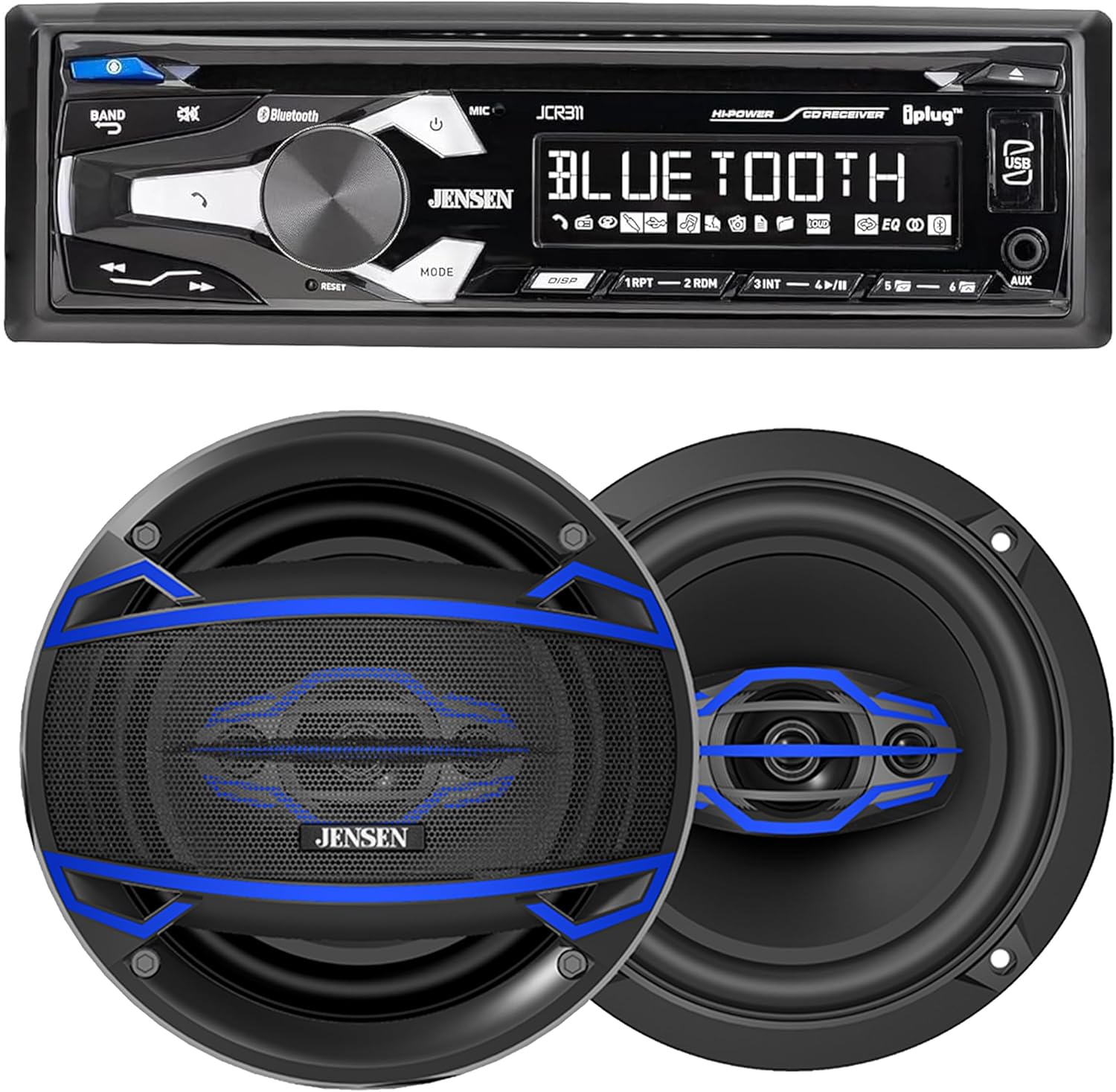 JENSEN JCR311 10 Character LCD Single DIN CD Player Car Stereo & JS6504 6.5 inch Car Speakers