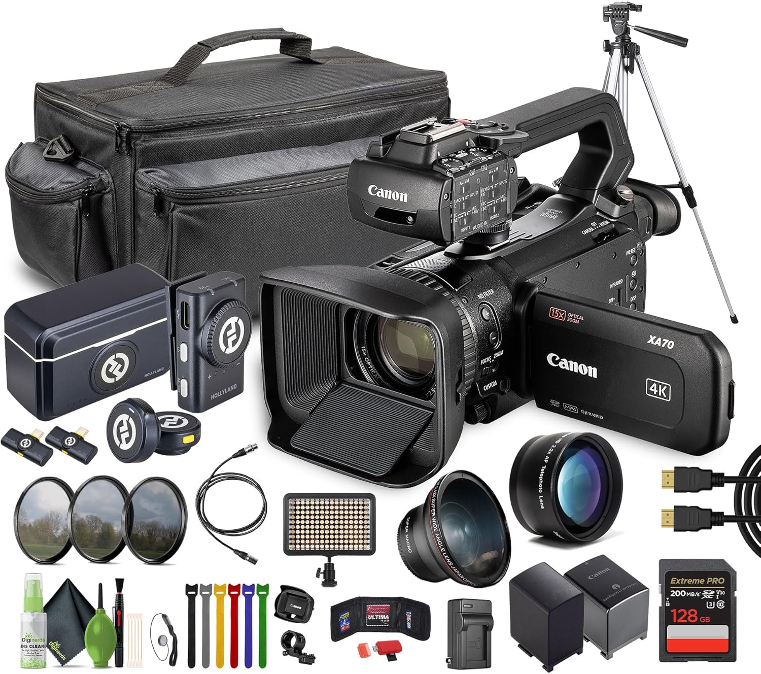 Canon XA70 PAL 4K UHD / 25p Camcorder Bundle with 128GB Memory Card + Extra Battery + Charger + 2-Person Wireless Combo Microphone System + Video Tripod + Carrying Case + Cleaning kit + LED Light