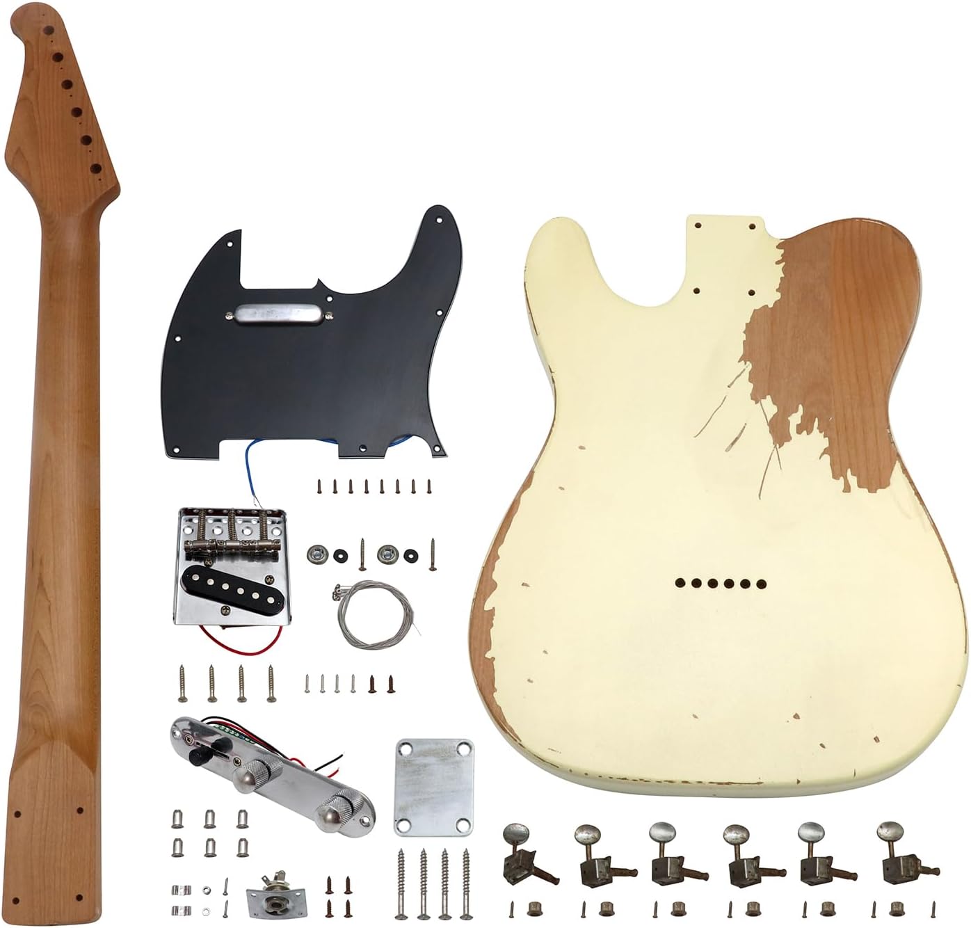 Sunsmile DIY Electric Guitar Kit TL Style Heavy Relic Aged Vintage with Alder Body Roast Maple Neck and Fingerboard S-S 6 String Build Your Own Guitar Relic Cream.