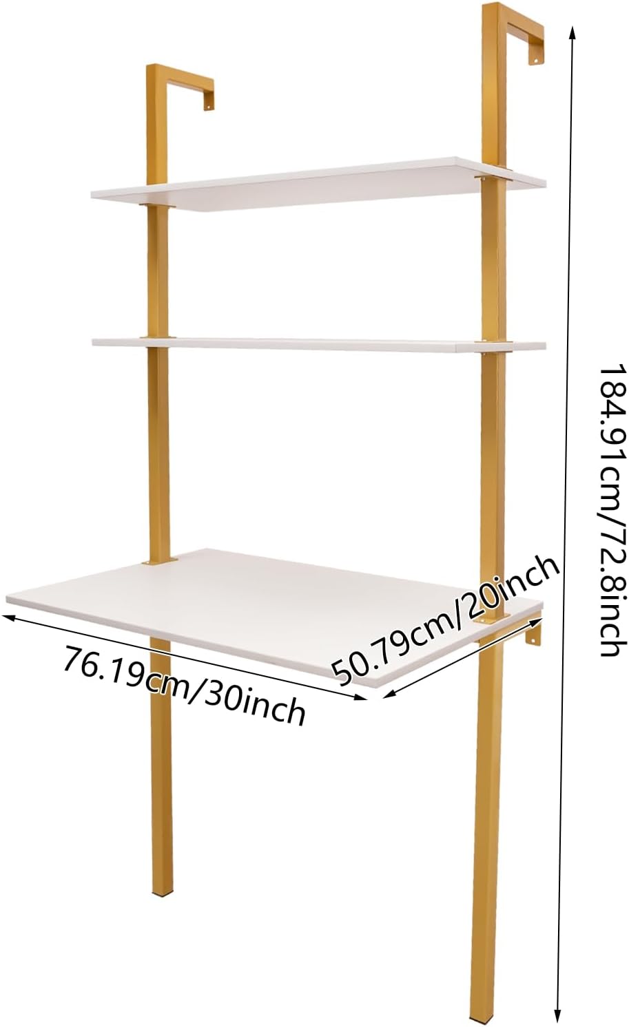 Industrial 3-Tiers Gold Wall Mounted Ladder Bookshelf, Pipe Iron Shelves Bookshelf, Storage Book Shelves Display Bookcases for Living Room Home Office