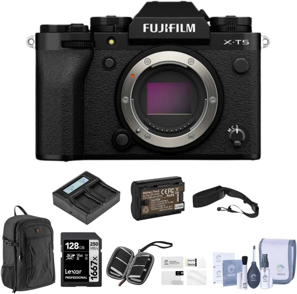 Fujifilm X-T5 Mirrorless Camera, Black Bundle with 128GB SD Card, Backpack, 2x Battery, Charger, Screen Protector, Camera Strap, SD Card Case, Cleaning Kit