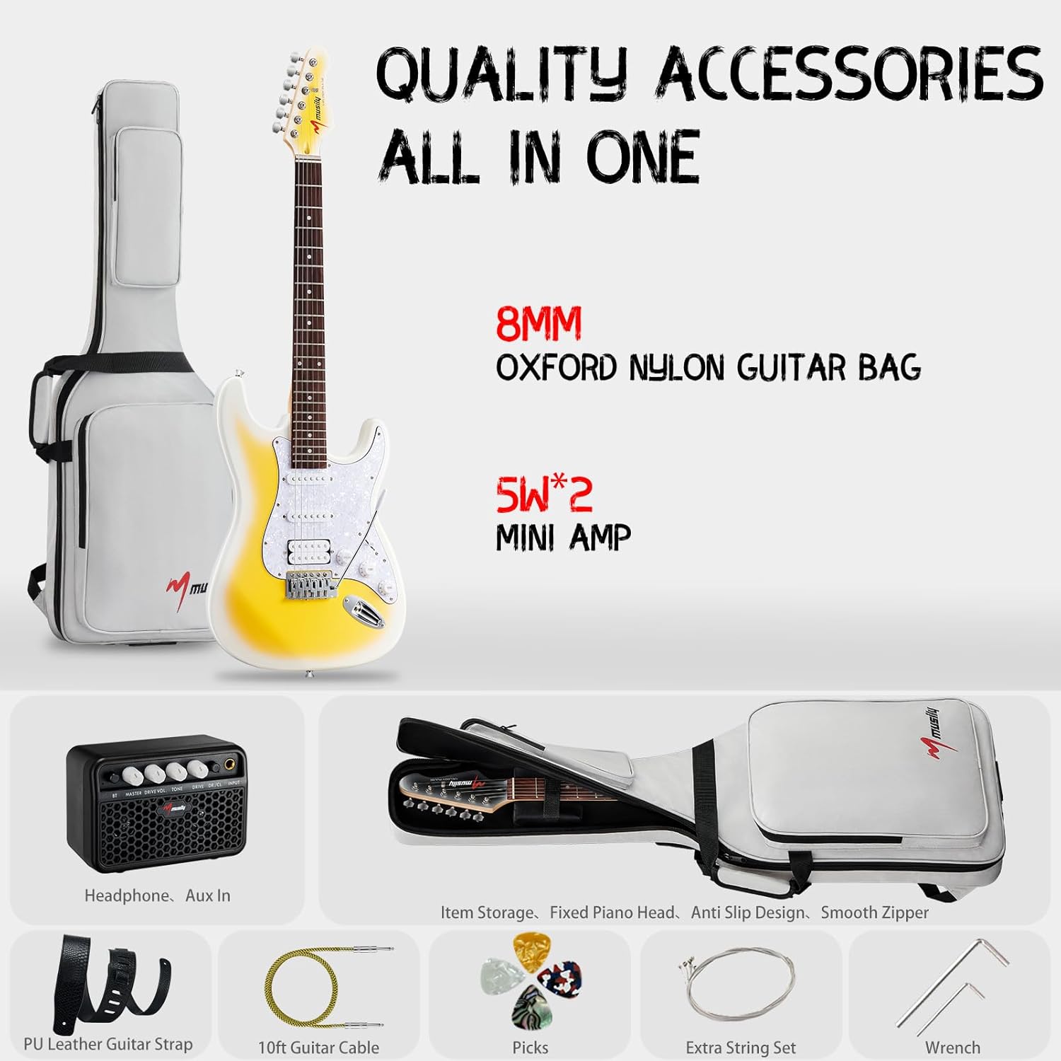 MST-1 39 Inch Electric Guitar Kit, Beginner Starter Full Size Solid Body Electric Guitar With HSS Pickups, Gig Bag, Amplifier, Strap, Cable, Picks, String (LemonBurst+Amp+Bag)