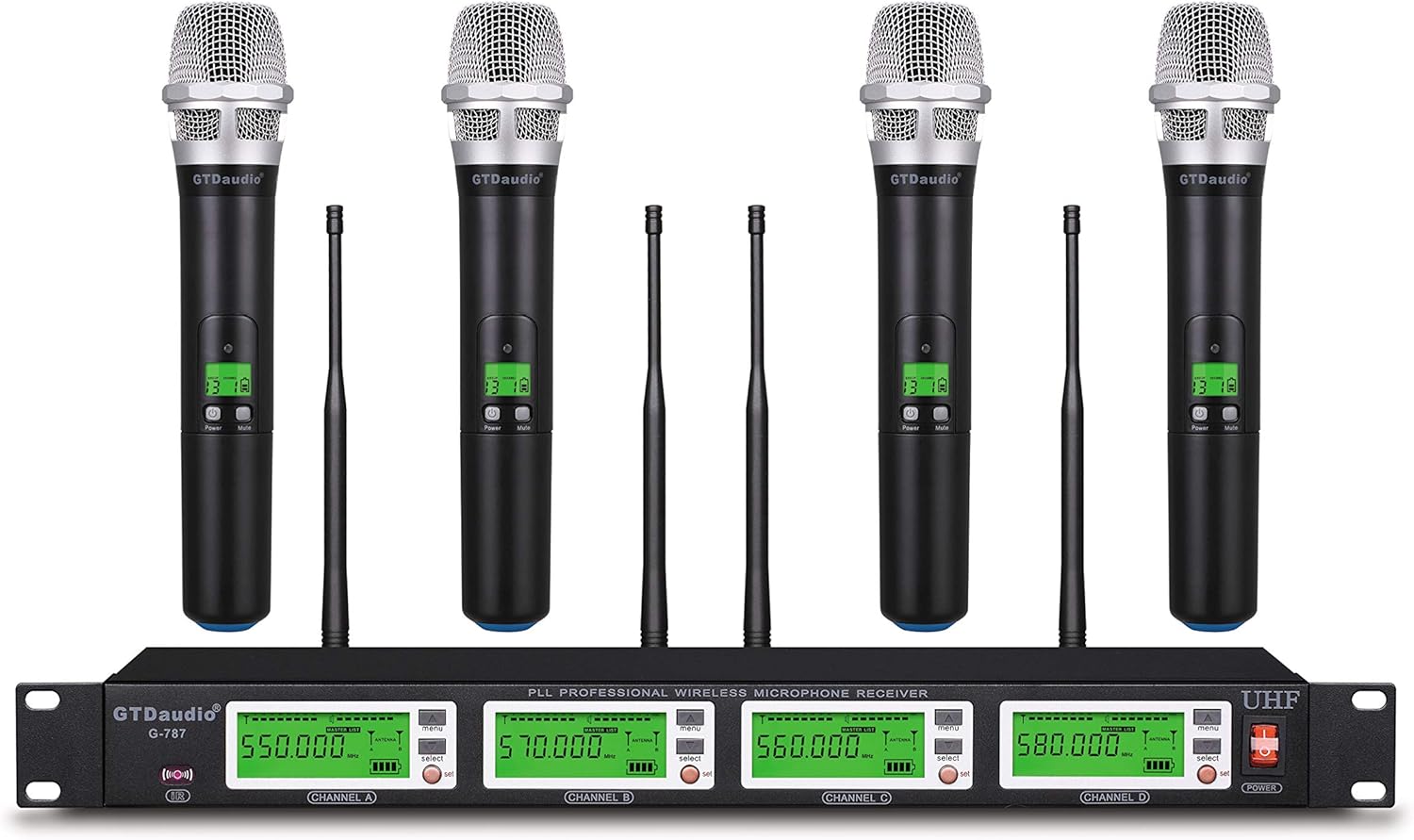 GTDaudio 4x800 Programmable Channel Frequency UHF Diversity Wireless Cordless Handheld Microphone Mic System