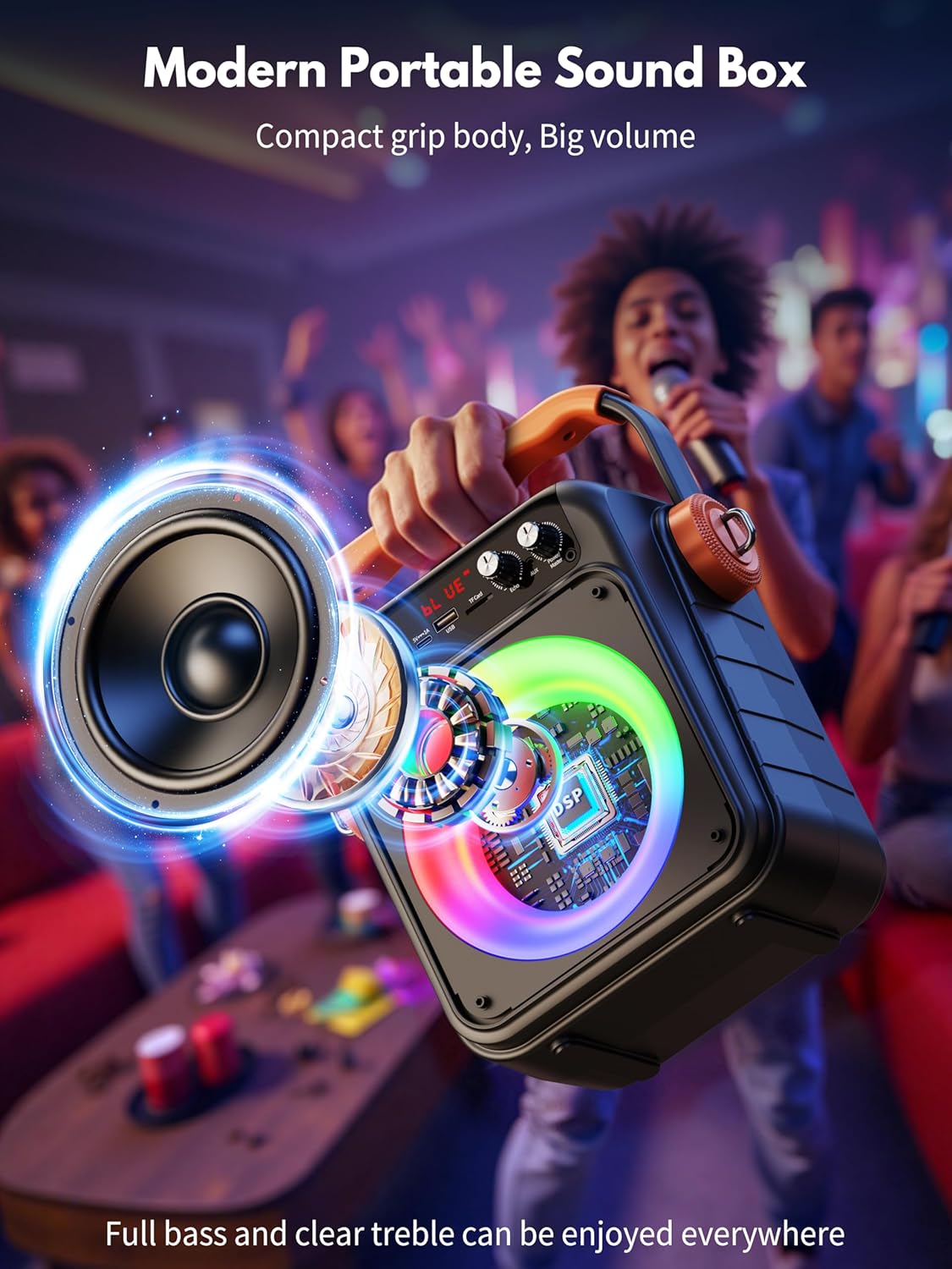 Karaoke Machine with 2 Wireless Microphones: HWWR Portable Karaoke Bluetooth 5.3 Light Speaker, PA System Home Party with Subwoofer, Disco Lights, Supports TV/REC/FM/AUX/USB/TF for Gifts Adult Kids