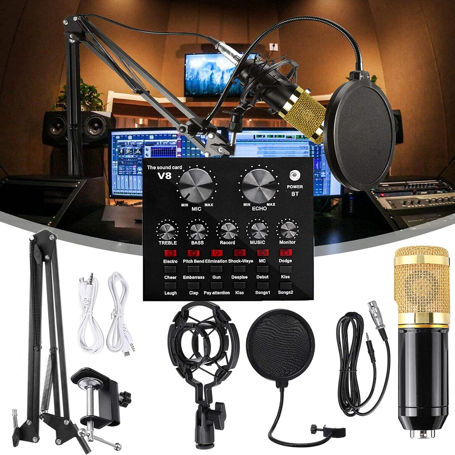 BM-800 Mic Kit with Live Sound Card, Condenser Microphone Bundle with Adjustable Mic Suspension Scissor Arm, Live Sound Card with Effects and Voice Changer