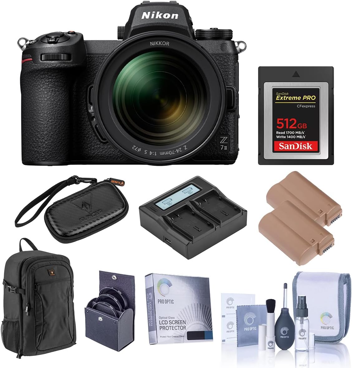 Nikon Z 7II Mirrorless Digital Camera, Bundle with Extreme PRO 512GB Cfexpress Memory Card, 2x Battery, Charger, Backpack, 72mm Filter Kit, Screen Protector, Memory Card Wallet, Cleaning Kit