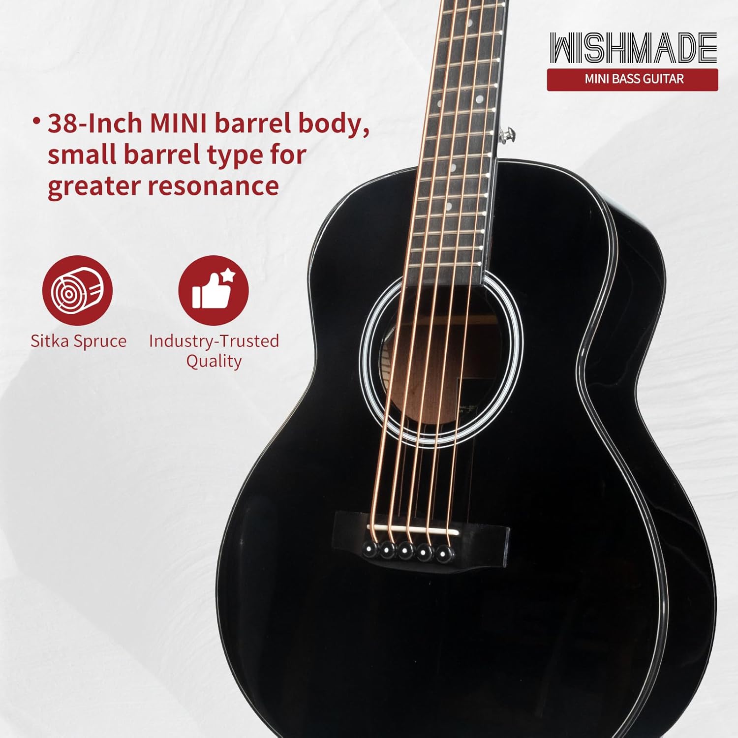 WISHMADE 3/4 Acoustic Guitar 5 String Bass Guitarra With Gig Bag, Black Guitar Body Natural Wood Finish for Kids Bass Guitar & Beginner Guitar for Adults Youth Practice
