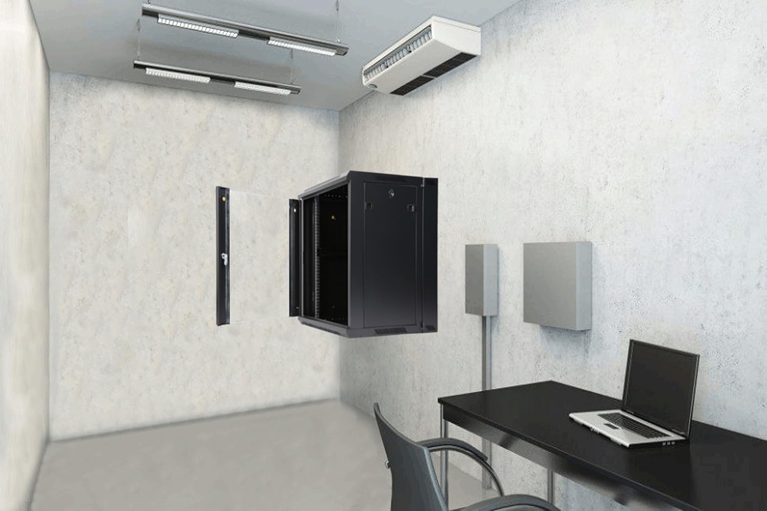 AEONS 9U Professional Wall Mount Server Cabinet Enclosure Double Section Hinged Swing Out 19-Inch Server Network Rack with Locking Glass Door Black (Fully Assembled)