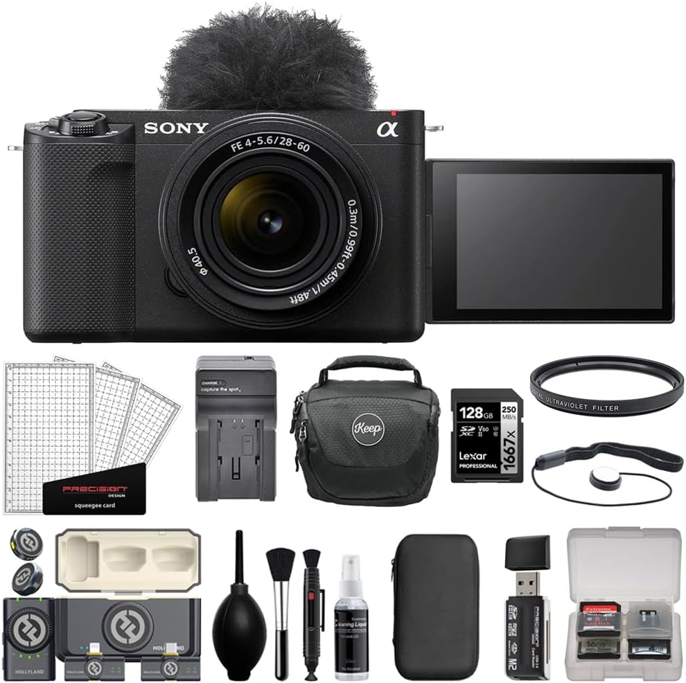 Sony ZV-E1 Mirrorless Camera with 28-60mm Lens | Black Bundle with 128GB Memory Card + Hollyland LARK M2 DUO 2-Person Wireless Mic System + Card Reader + Charger + Camera Bag + Cleaning Kit (12 Items)