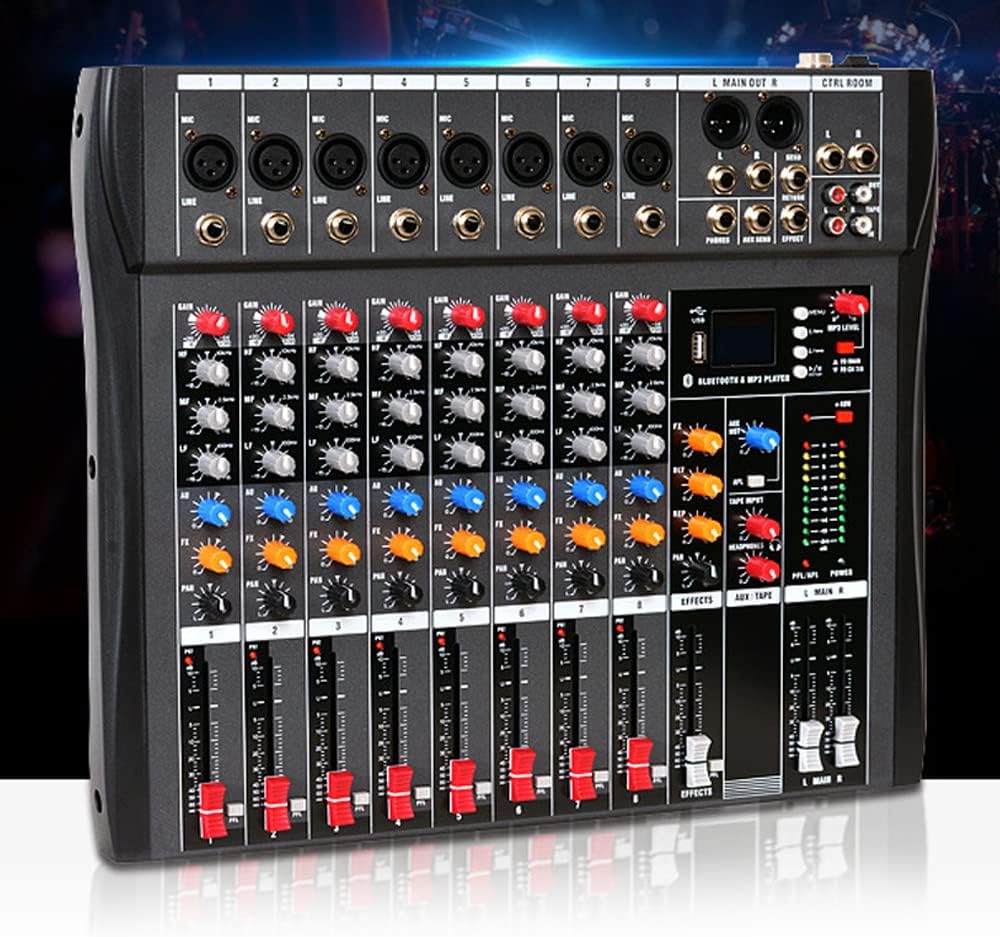 8 Channel Professional Mixer Sound Board Console Interface Digital USB MP3 Phantom Power Stereo DJ Studio FX Steel Chassis, USB Bluetooth Audio Mixer
