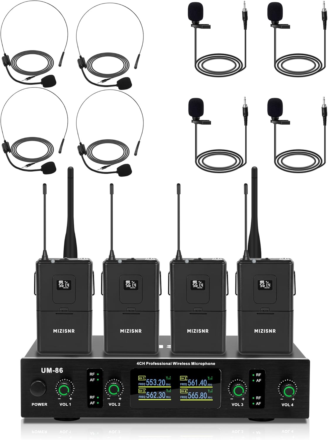 Wireless Lavalier Microphone System with Headset & Lapel Mics, 4 Channel UHF Cordless Microphone and Metal Receiver Set, 300ft Range for Singing, Church, Karaoke, Preaching, Wedding