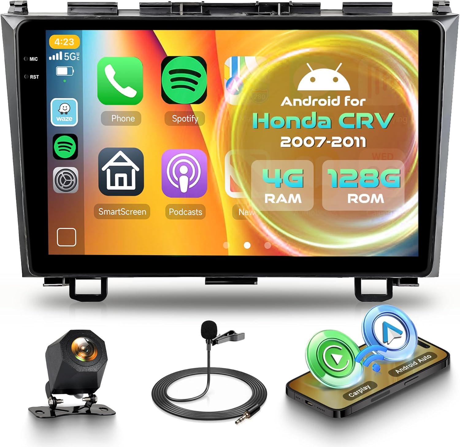 4G+128G Android Car Radio for Honda CRV 2007-2011 with Wireless CarPlay Android Auto, 9 Inch Touchscreen Car Stereo Mirror Link GPS Navigation WiFi Bluetooth FM RDS EQ SWC Backup Camera