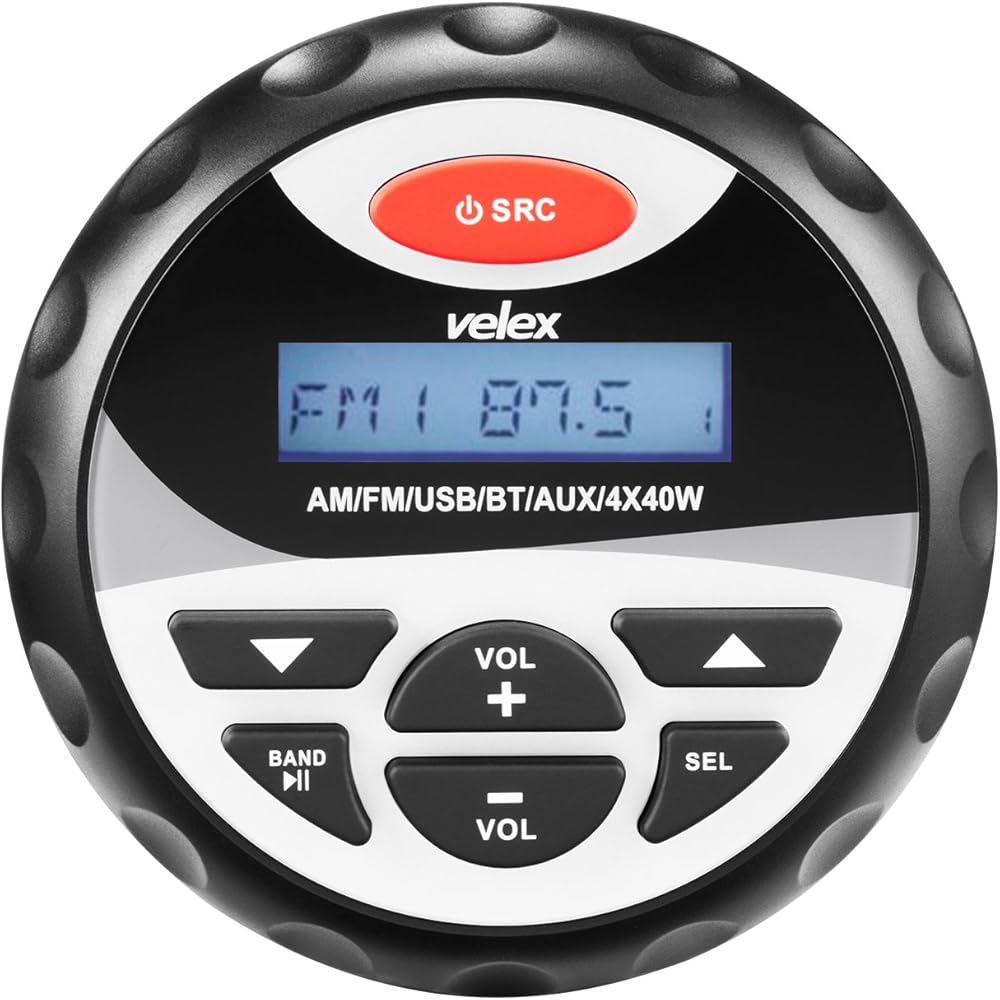 velex Marine Stereo, in-Dash, Marine Gauge, Bluetooth, Digital Media MP3 / WMA/USB/AM/FM Weather-Proof Marine Stereo, (No CD Player)