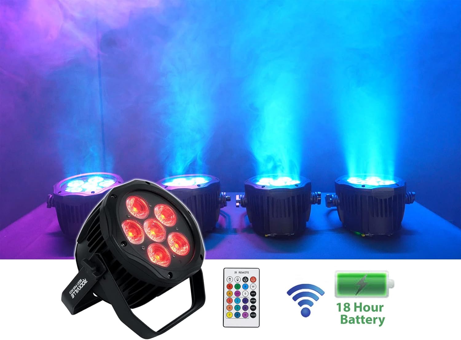Rockville Best PAR H2O Bundle: (4) IPX54 Water Resistant RGBWA+UV Indoor/Outdoor Battery Par Lights, (2) RLB40 Padded Bags, ROCKFORCE W2 192-Channel Wireless DMX Lighting Controller, 7-Items