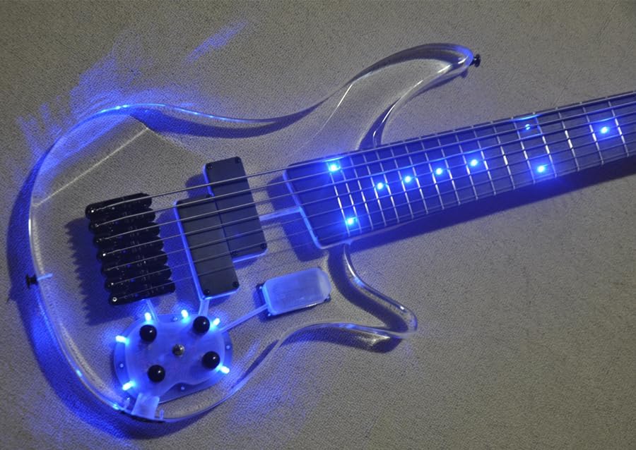 7-String Electric Bass Guitar with Blue LED Acrylic Body, Rosewood Fretboard, and Black Hardware