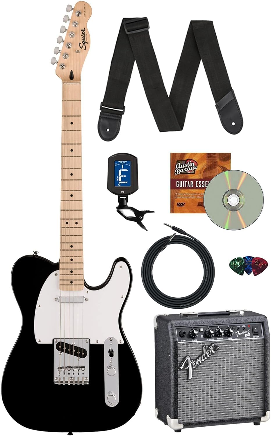 Fender Squier Sonic Telecaster - Black Bundle with Amp, Tuner, Strap, Cable, Picks, and Austin Bazaar Guitar DVD