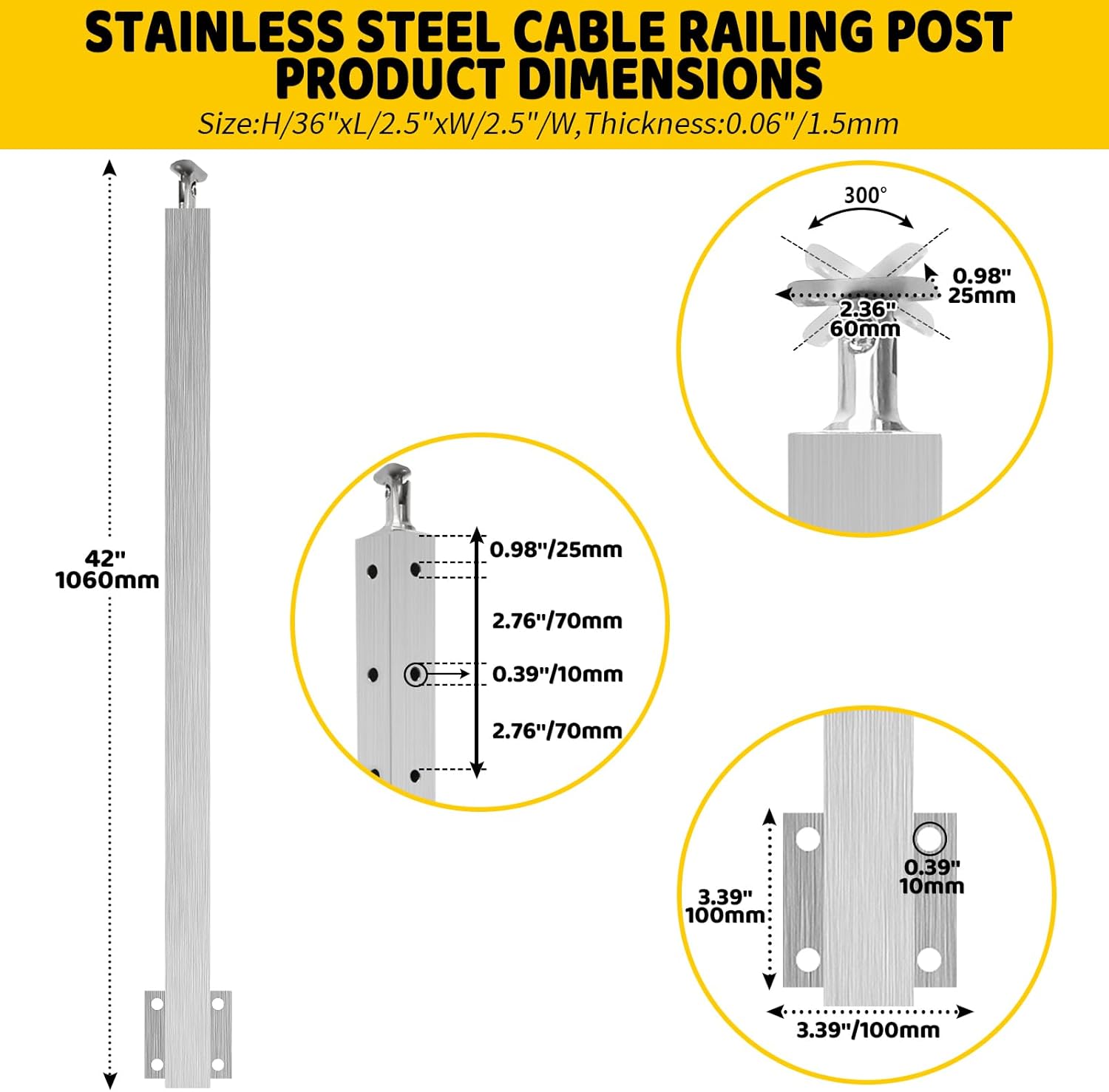 Wall Mount Stair Cable Railing Post 42