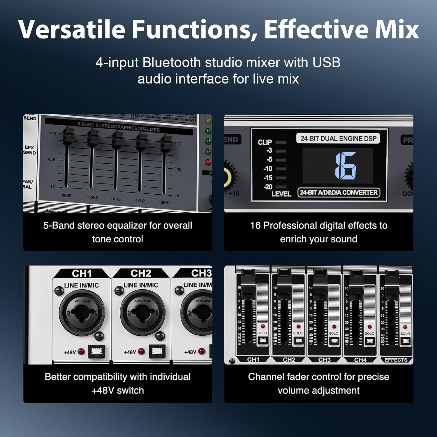 Professional Audio Mixer, Phenyx Pro Sound Console w/USB Audio Interface, 4-Channel Sound board DJ Mixer w/Stereo Equalizer, 16 DSP Effects, suitable for Stage, Live Gigs, and Karaoke (PTX-15)