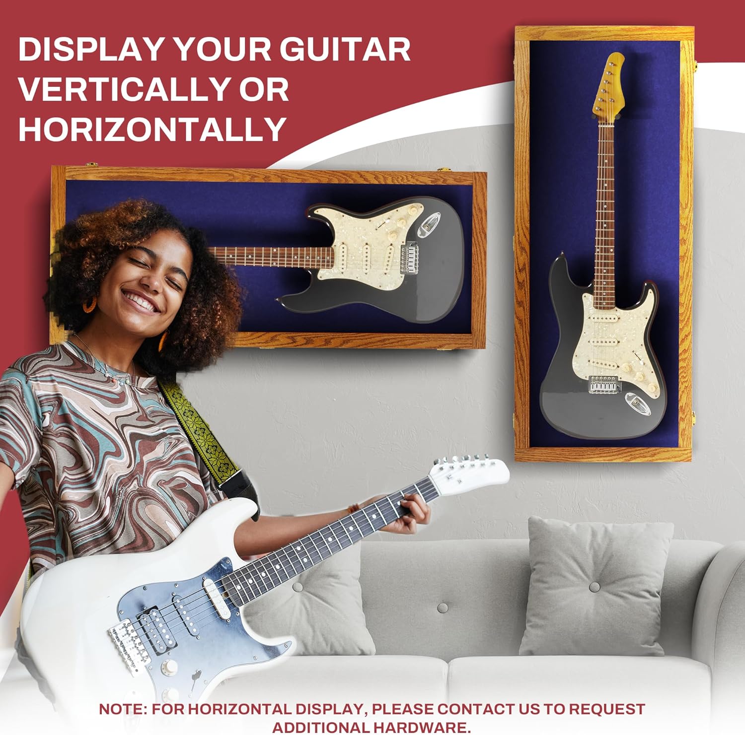 PENNZONI Electric Guitar Display Case - Acrylic Guitar Display Case Wall Mount Made from Hardwood & Clear Acrylic - Natural Oak w/Blue Felt