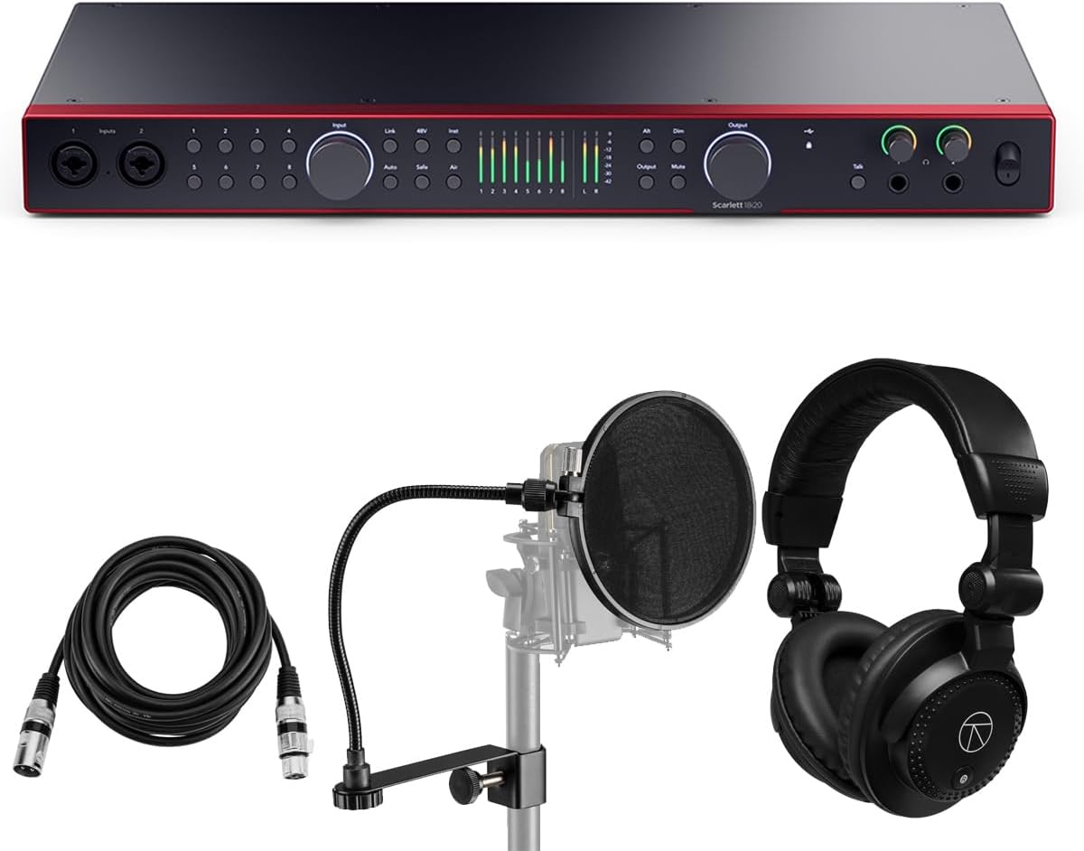 Focusrite Scarlett 18i20 4th Gen USB Audio Interface with Software Suite, Bundle with TAPH100 Headphones, 15' XLR Male to Female Cable, Pop Filter
