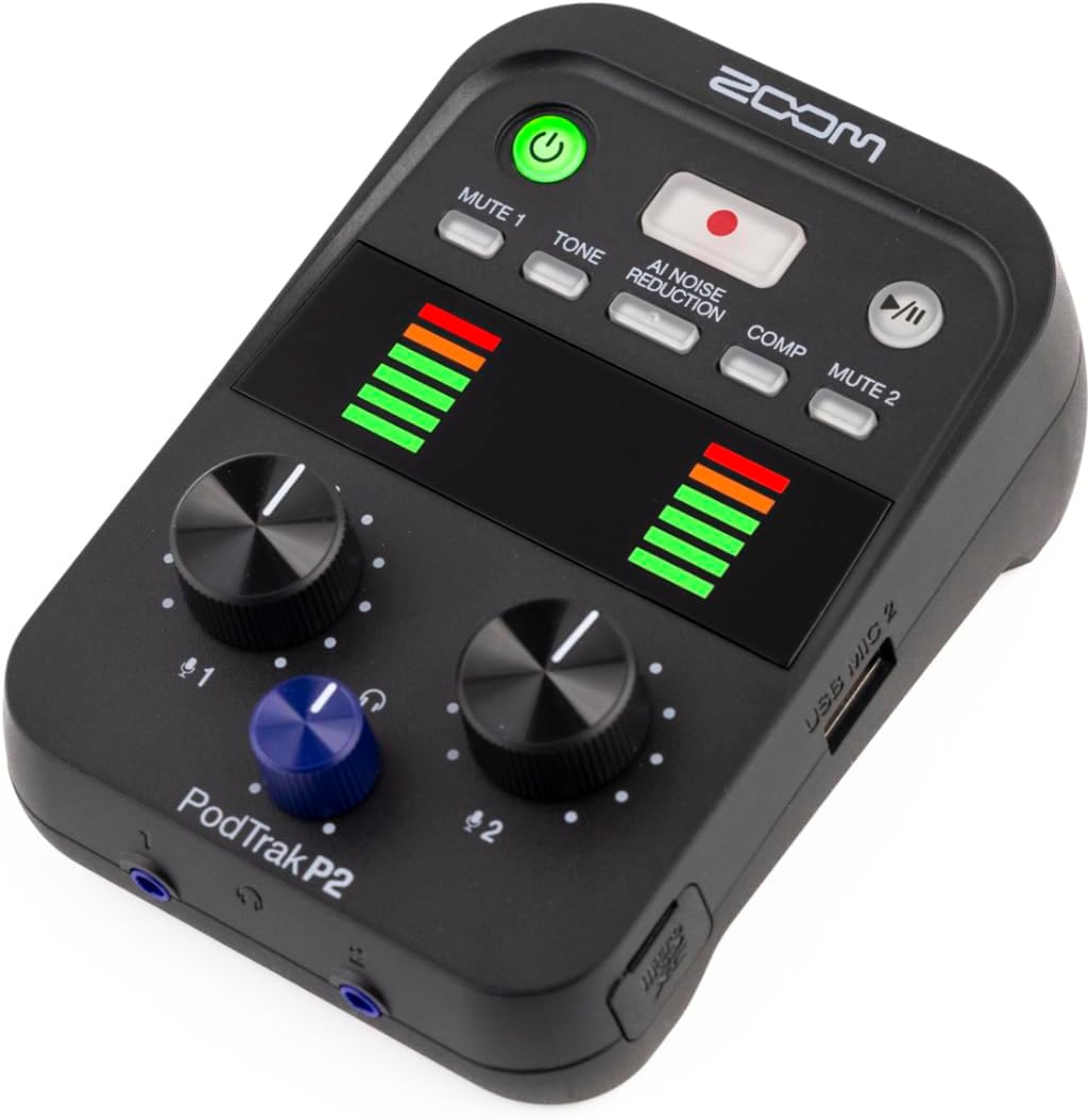 PodTrak P2 Podcast Recorder with 2 USB Mic Inputs, 2 Headphone Outputs, AI Noise Reduction, Tone & COMP Effects, Remote Guest Recording, SD Cards up to 1TB, Battery Powered, & USB-C Powered