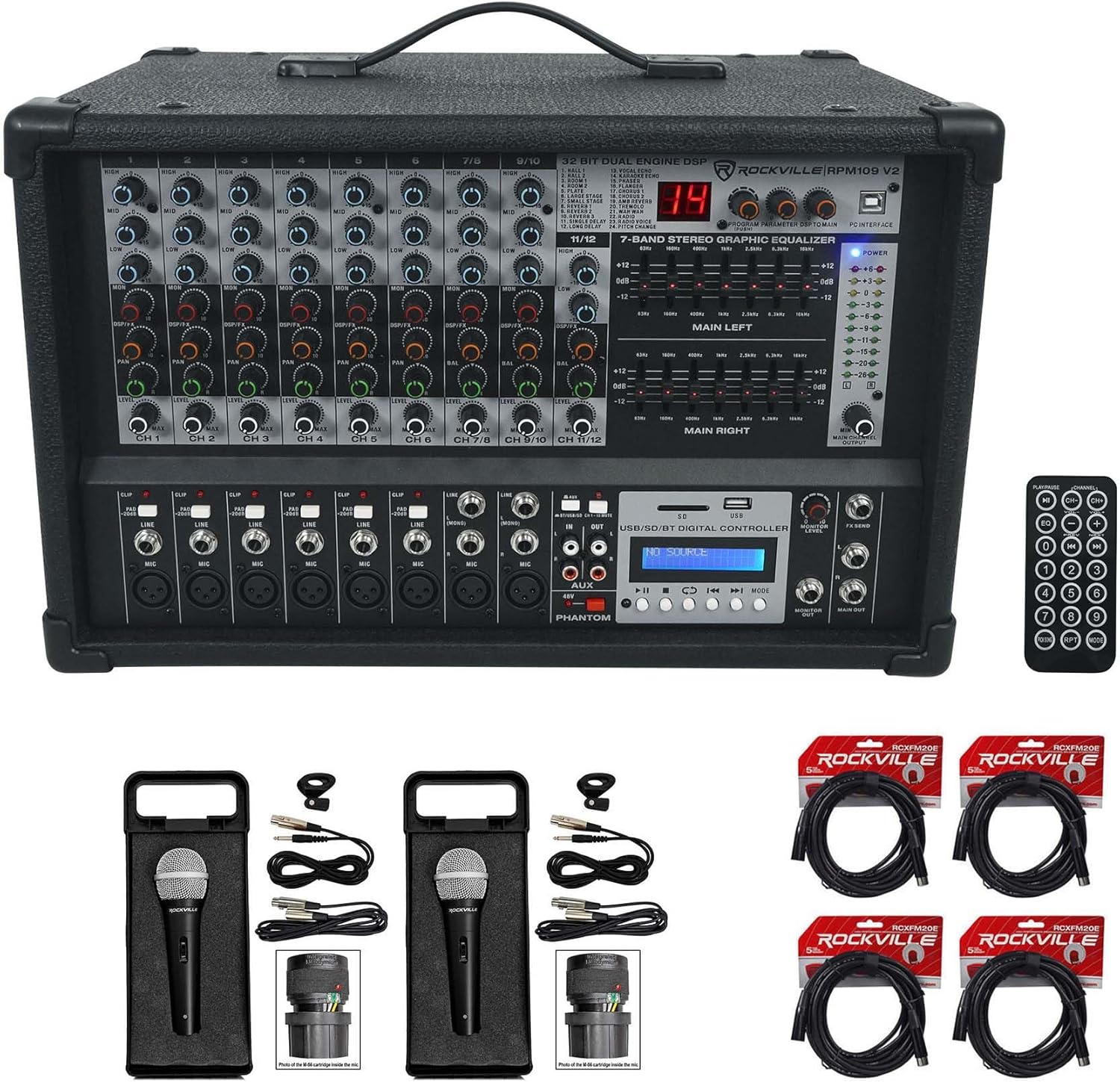 Rockville RPM109 V2 Bundle: 12-Channel 4800-Watt Powered Mixer with Bluetooth, (2) RMC-XLR Handheld Wired Microphones, (4) RCXFM20E-B 20 ft XLR Cables, 7-items