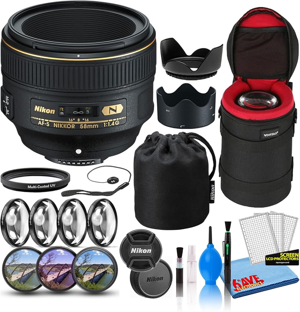 Nikon AF-S NIKKOR 58mm f/1.4G Compact Prime Lens (2210) with Padded Lens Case + Macro Filter Kit + UV, CPL, FL Lens Filters + Tulip Hood + Lens Cap Keeper + Cleaning Kit (Renewed)