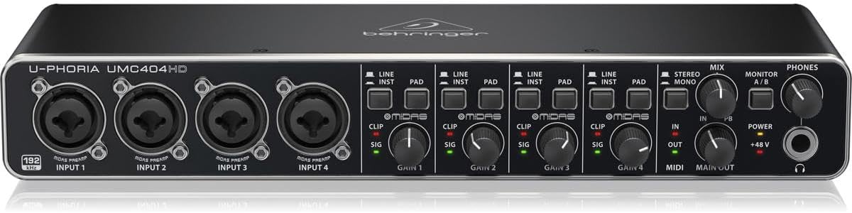 Behringer U-PHORIA UMC404HD Audiophile 4x4, 24-Bit/192 kHz USB Audio/MIDI Interface with Midas Mic Preamplifiers