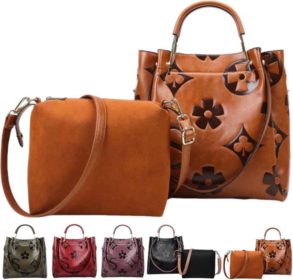 Women Large Tote Bag with Pouch Set of 2 Trendy Retro Floral Embossed Shoulder Handbag Crossbody Bucket Purse Fashion