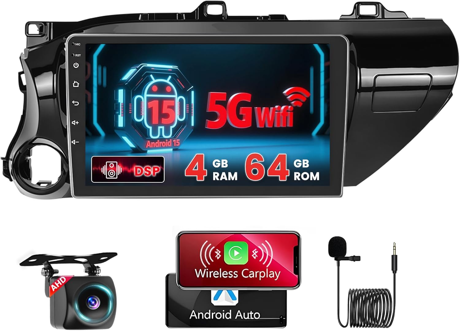 [4+64G] Hikity Android 15 Car Stereo for Toyota Hilux 2015-2020 with Wireless Carplay Android Auto, 10'' IPS Touch Screen Radio Bluetooth Mirror Link GPS WiFi SWC AI DSP/FM/RDS/32EQ Backup Cam+Mic