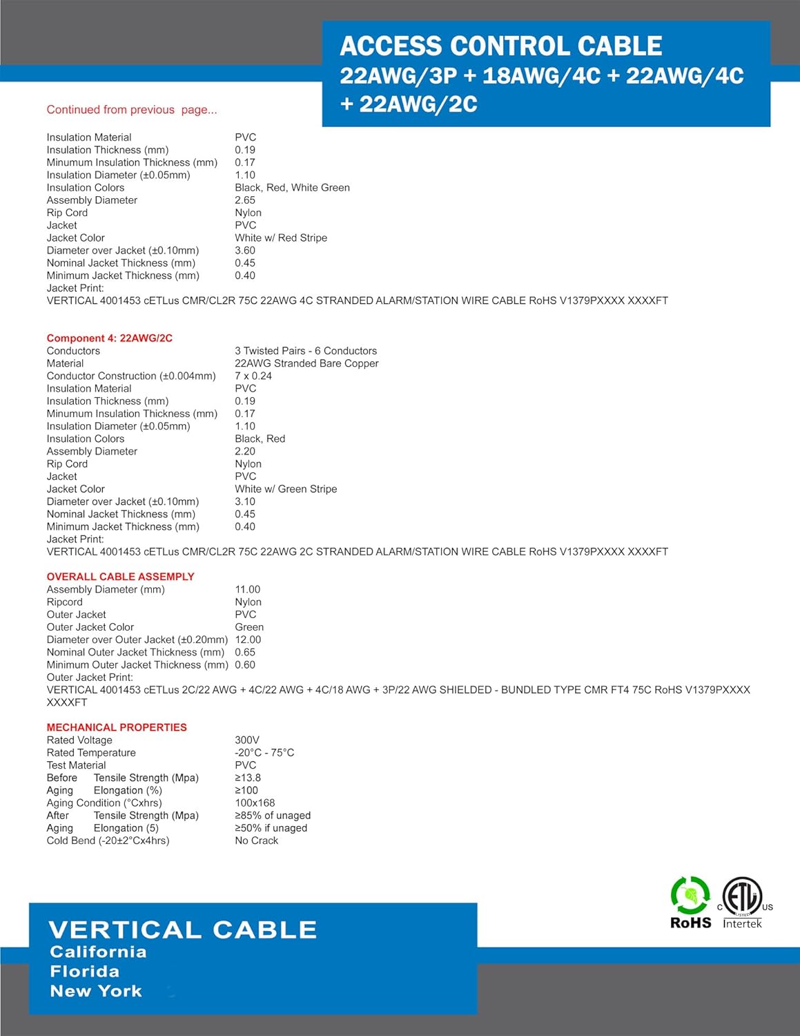 Vertical Cable Access Control Cable Riser: 22 AWG/3 Pair Shielded + 18AWG/4 Conductor + 22 AWG/4 Conductor + 22AWG/2 Conductor, Stranded Bare Copper Conductors, Green, 500ft Spool