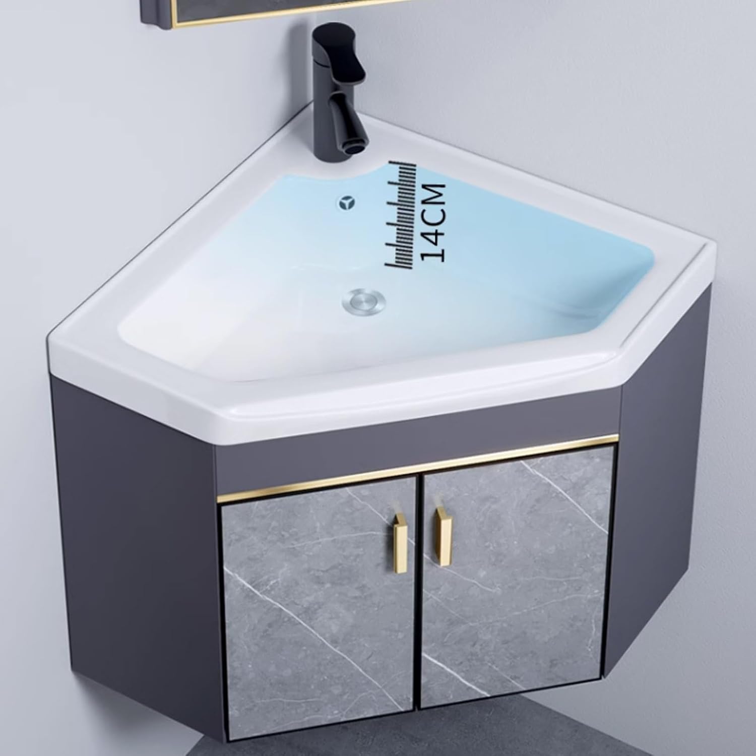 Bathroom Corner Basin Sinks,Wall Mount Vessel Sink,Bathroom Cabinet with Faucet and Drain,Ceramic Sink,for Small Space Wall Mounted Floating Cabinet(Size:56 * 43cm)
