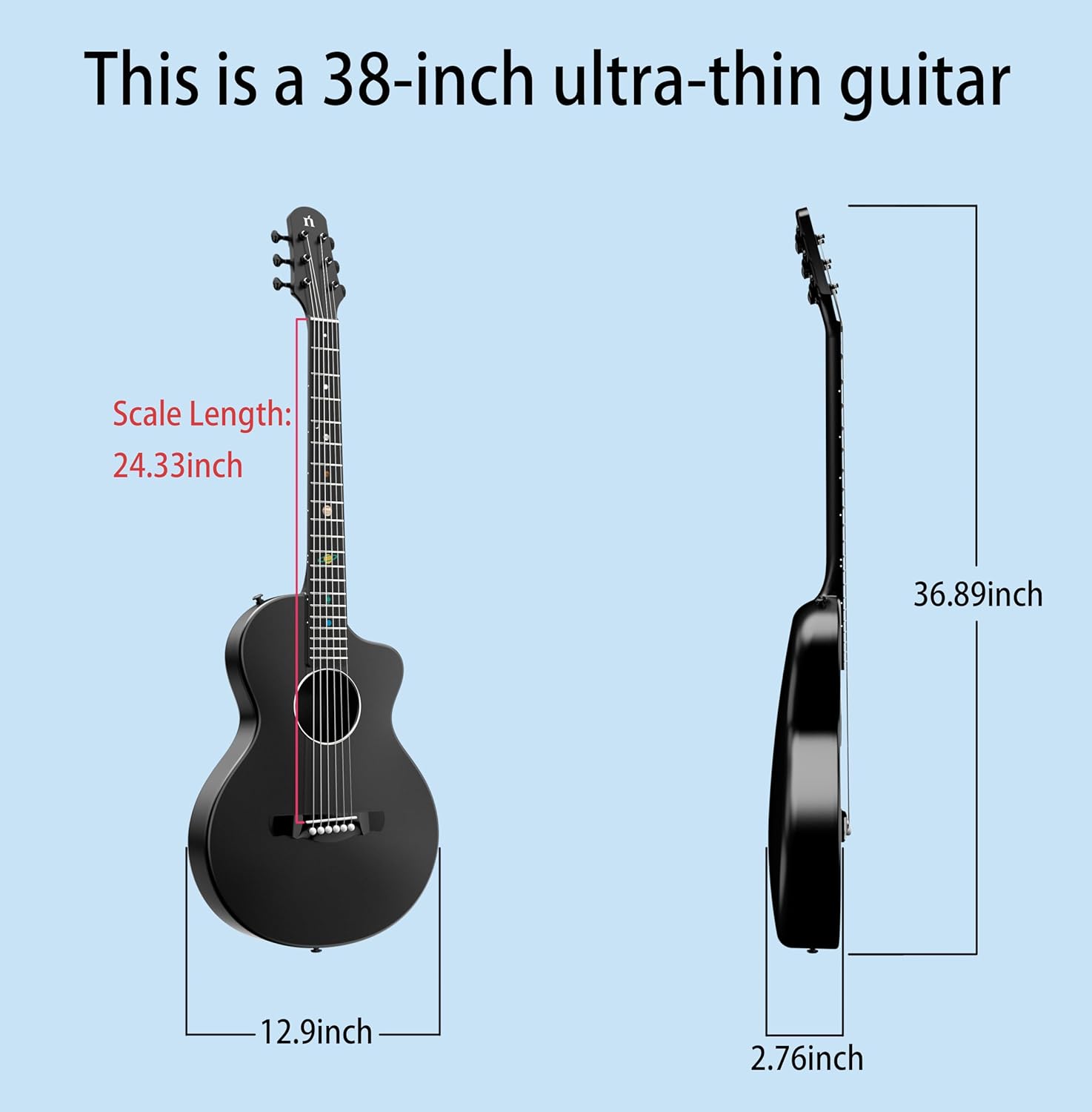Natasha Carbon Fiber Acoustic Guitar, 38-inch Steel-string Guitarra,Durable 6-string Ultra-thin Guitar for Beginners (Black)