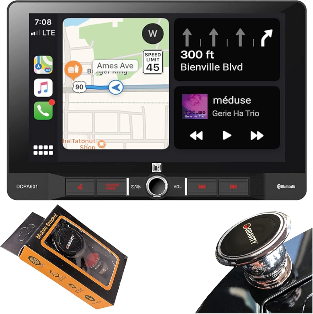 Dual Electronics DCPA901 9-Inch Single-DIN in-Dash Digital Media Receiver with Bluetooth, Android Auto and Wired Mirror Phone to The Unit with Gravity Magnet Phone Holder Bundle