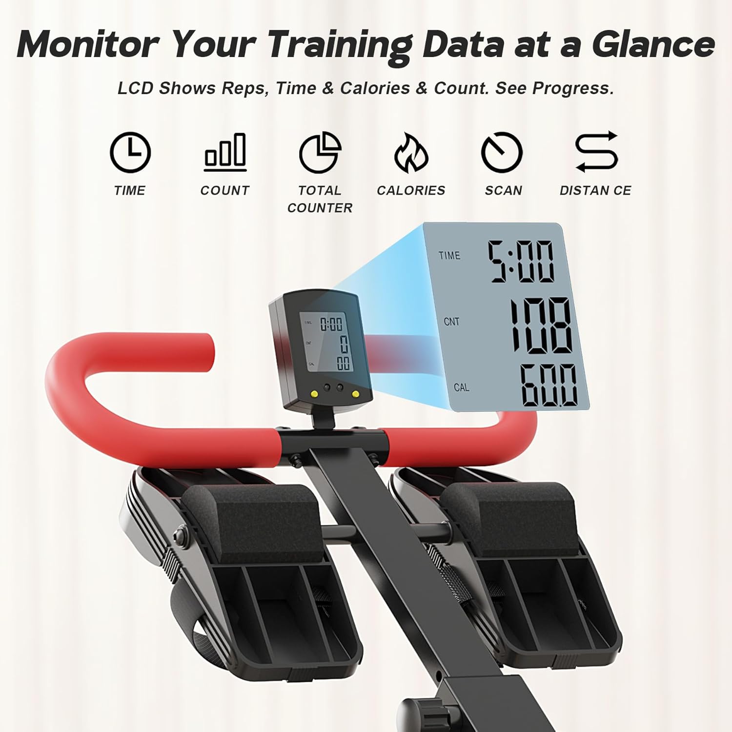 WARMOUNTS Rowing Machine, 4 in 1 Adjustable Ab Machine with 4 Levels and 4 Heights, Foldable Rowing Machine for Home Gym with LCD Display, 266lbs Weight Capacity