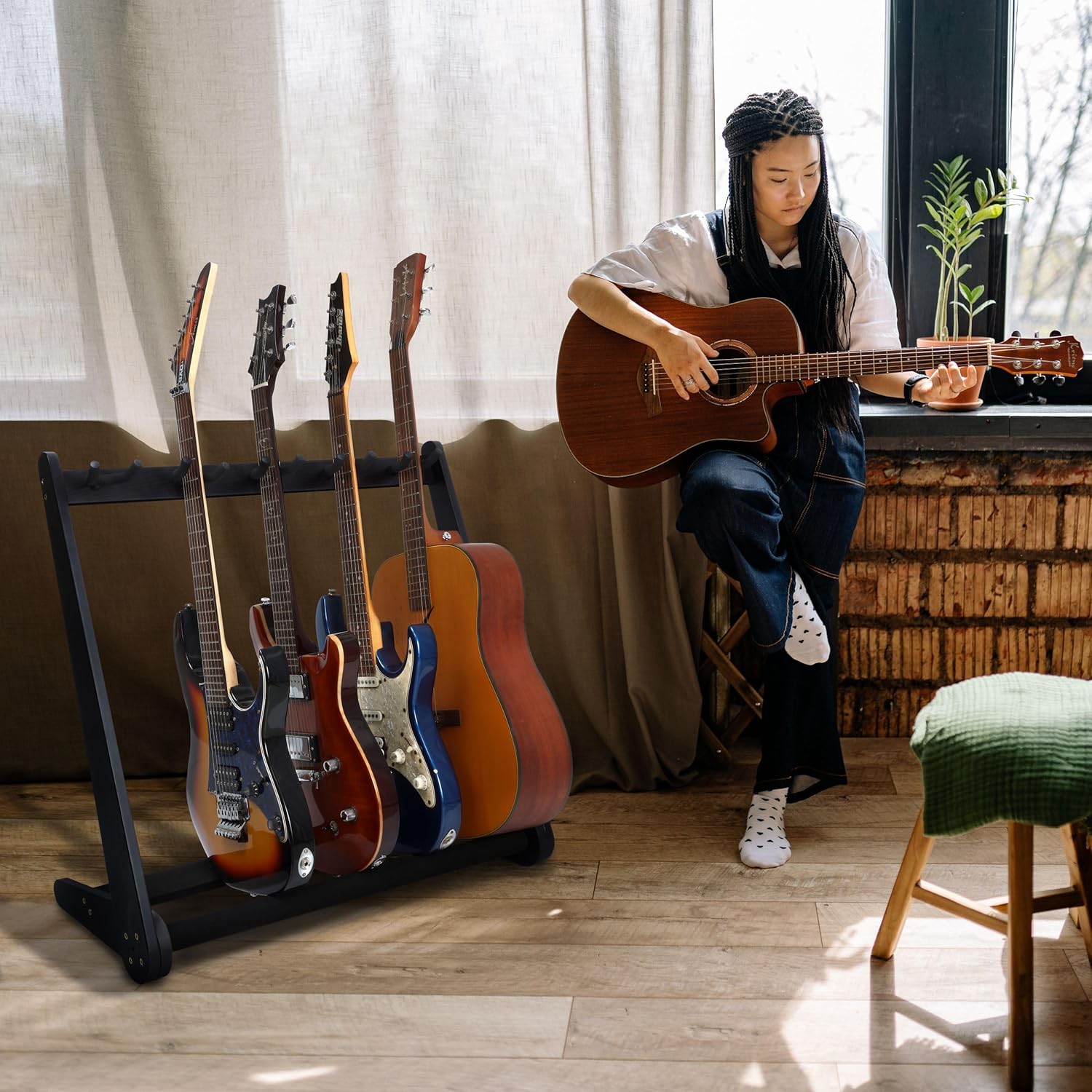 Nefelibata Multi-Purpose Guitar Stand 5 Stands Wooden Guitar Stand Floor Stand for Guitars and Cases, Electric Guitars, Acoustic Guitars, Bass Guitars, Cellos - German Ash-Black