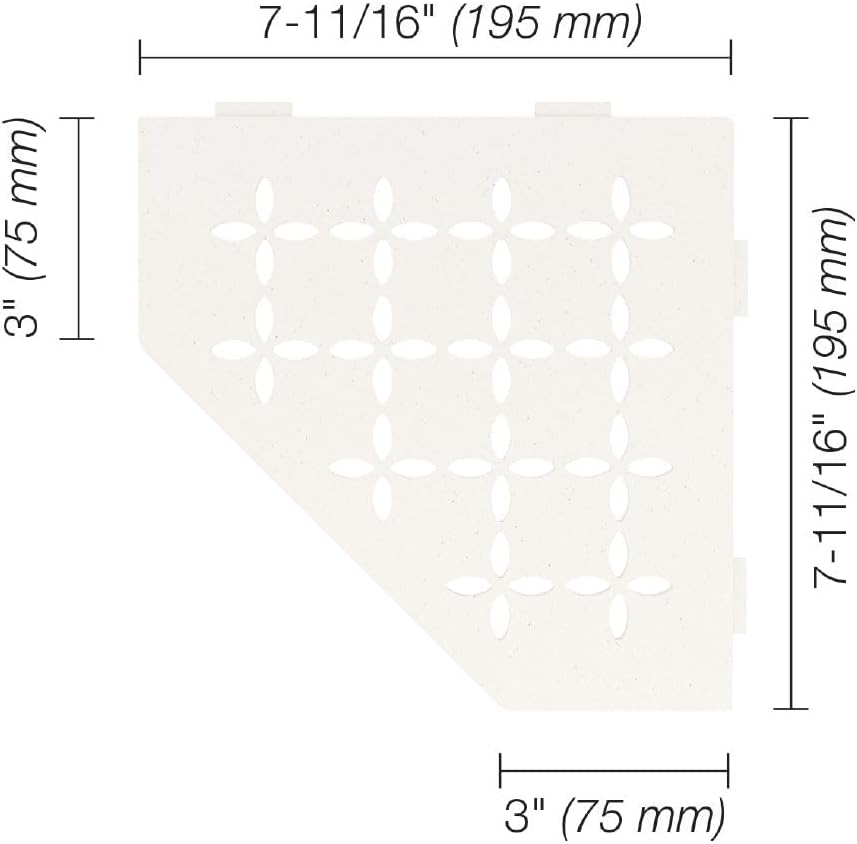 Schluter Pentagonal Corner Shelf for Tiled Walls - Floral Design, Aluminum Material, Matte White Finish, 3/32