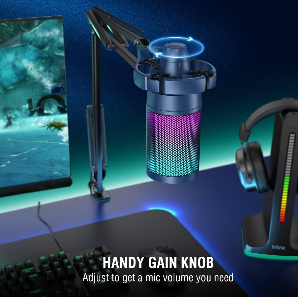 FIFINE Gaming PC Microphone USB Headset Bundle for Streaming Recording, RGB Condenser Computer Mic with Boom Arm Stand, Wired RGB Headset with EQ Mode, for Podcasts, Vocal, Video-Blue (A6TB+H6)